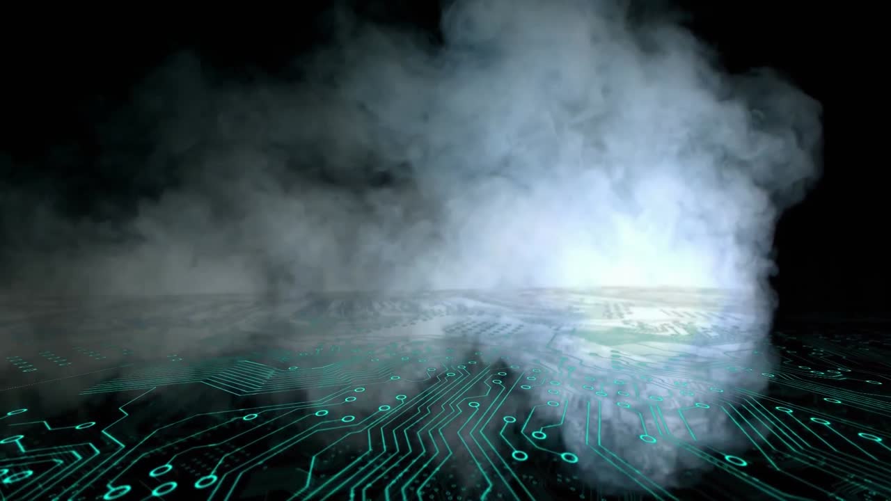 Animation of processor circuit board and clouds