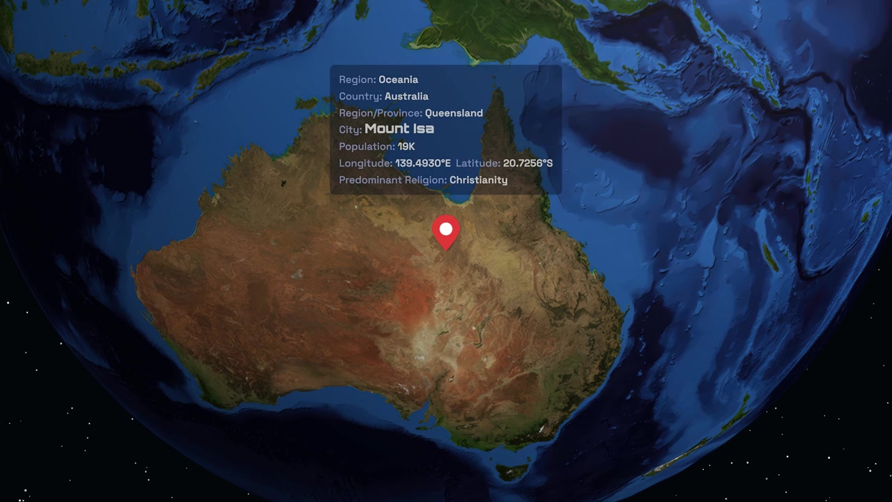 A digital globe rotates and zooms into Mount Isa, Australia, displaying regional demographic data