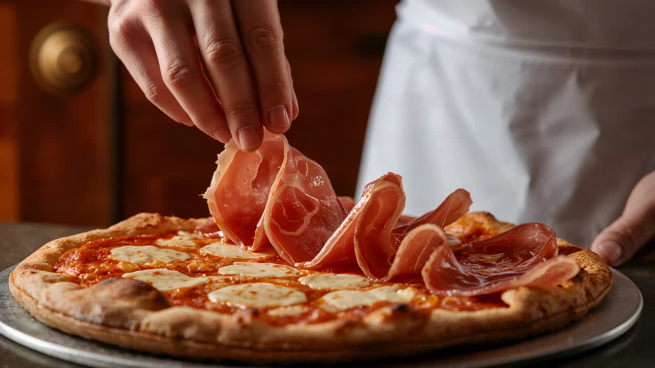 Cuoco che indossa un grembiule bianco mentre mette il prosciutto sulla pizza al bancone della cucina, per completare la pizza