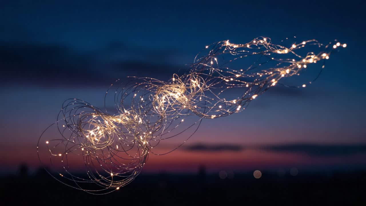 A Mesmerizing Display of Glowing Sparks Dancing in the Night Sky, Creating an Enchanting Atmosphere Against a Beautiful Sunset Backdrop