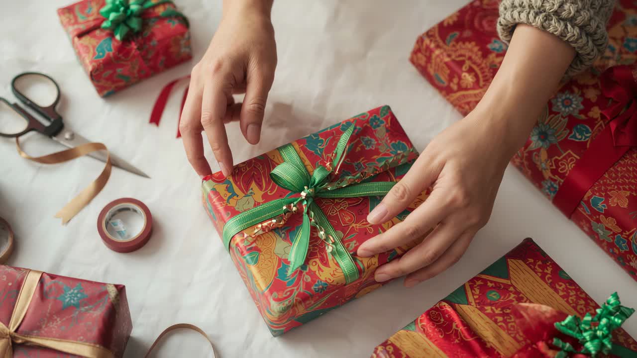 Entering frame, hands in beige sweater tucking, smoothing green beaded bow on red-gold box at home