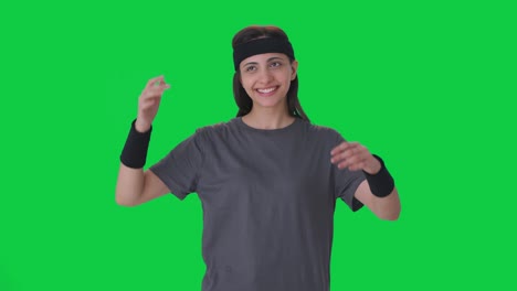 Happy-Indian-woman-doing-neck-stretching-Green-Screen