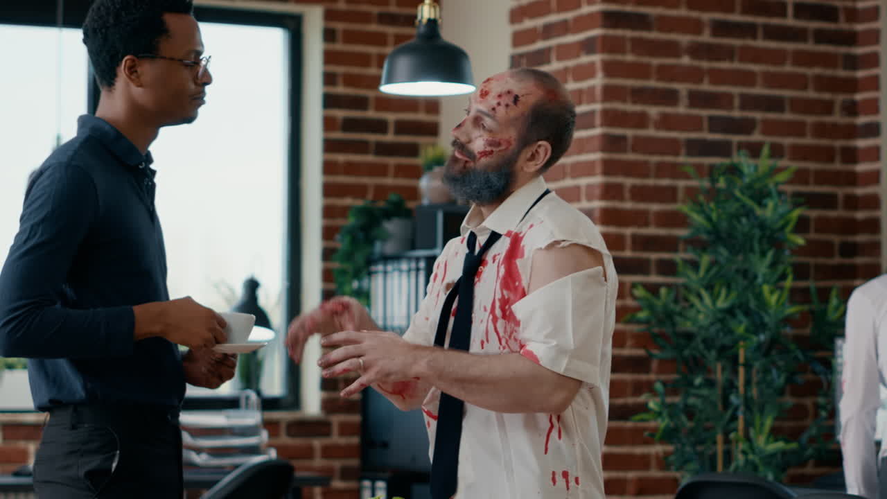African american businessman discussing with infected brain-eating zombie colleague in office workspace