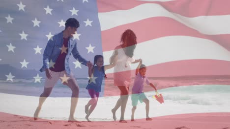 Animation-of-flag-of-united-states-of-america-over-biracial-couple-with-children-by-seaside