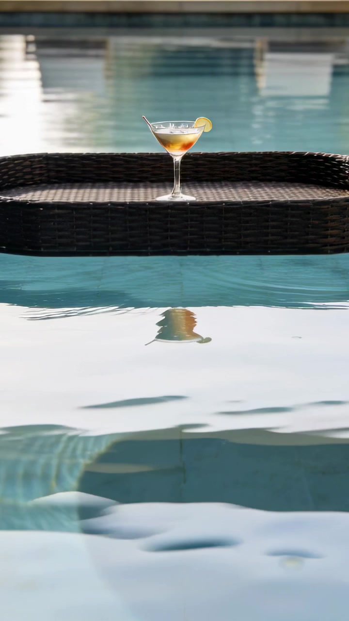 Vertical video: Light breeze rippling pool, nudging wicker tray, warping cocktail glass reflection