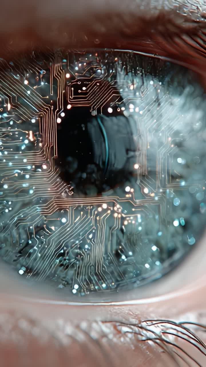 Un intricato primo piano di un occhio con schemi di circuiti integrati, che illustra la fusione tra tecnologia e percezione umana, a simboleggiare le innovazioni future