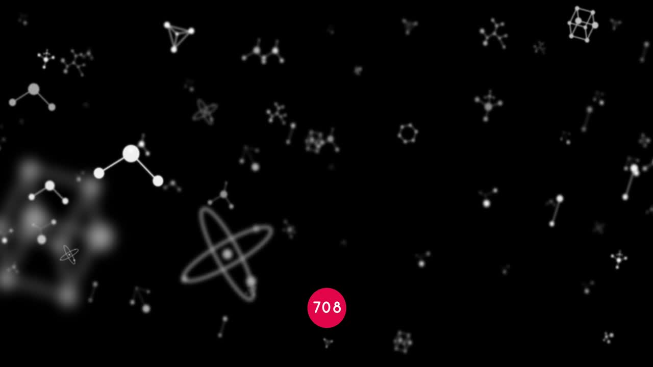 Increasing numbers on round red banner over molecular structures floating against black background