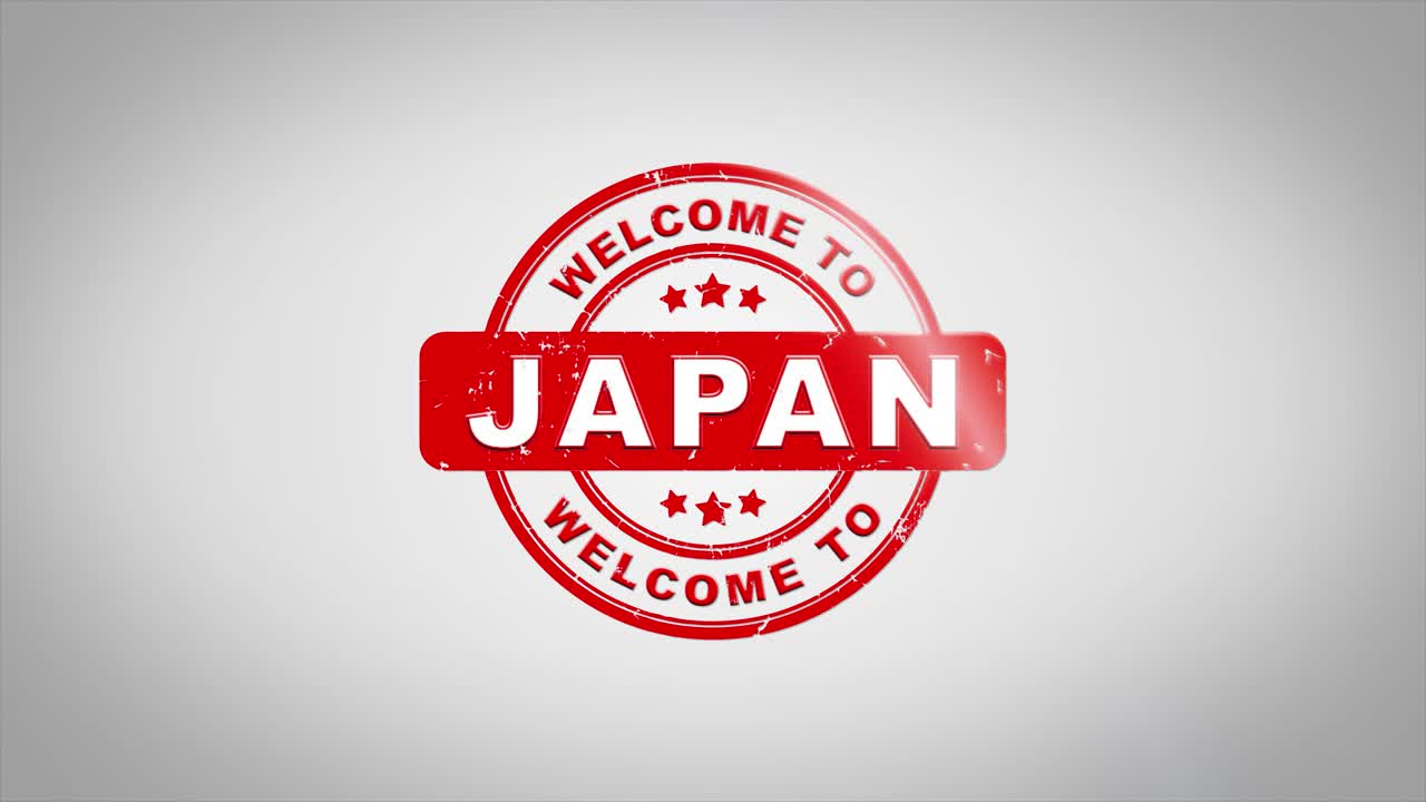 일본에 오신 것을 환영합니다. 서명 된 스핑 텍스트 나무 스프 애니메이션. 녹색 매트 배경과 함께 깨한  종이 표면 배경에 빨간 잉크.