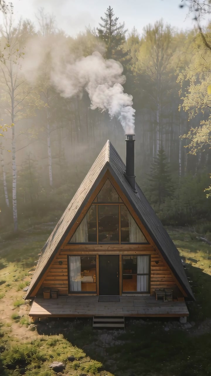 Aerial View of a Cozy A-Frame Cabin with Smoke in a Misty Forest