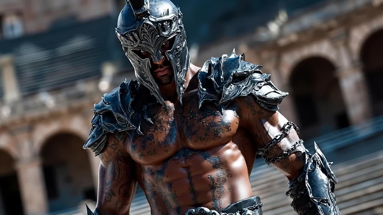 un hombre con armadura parado frente a un edificio