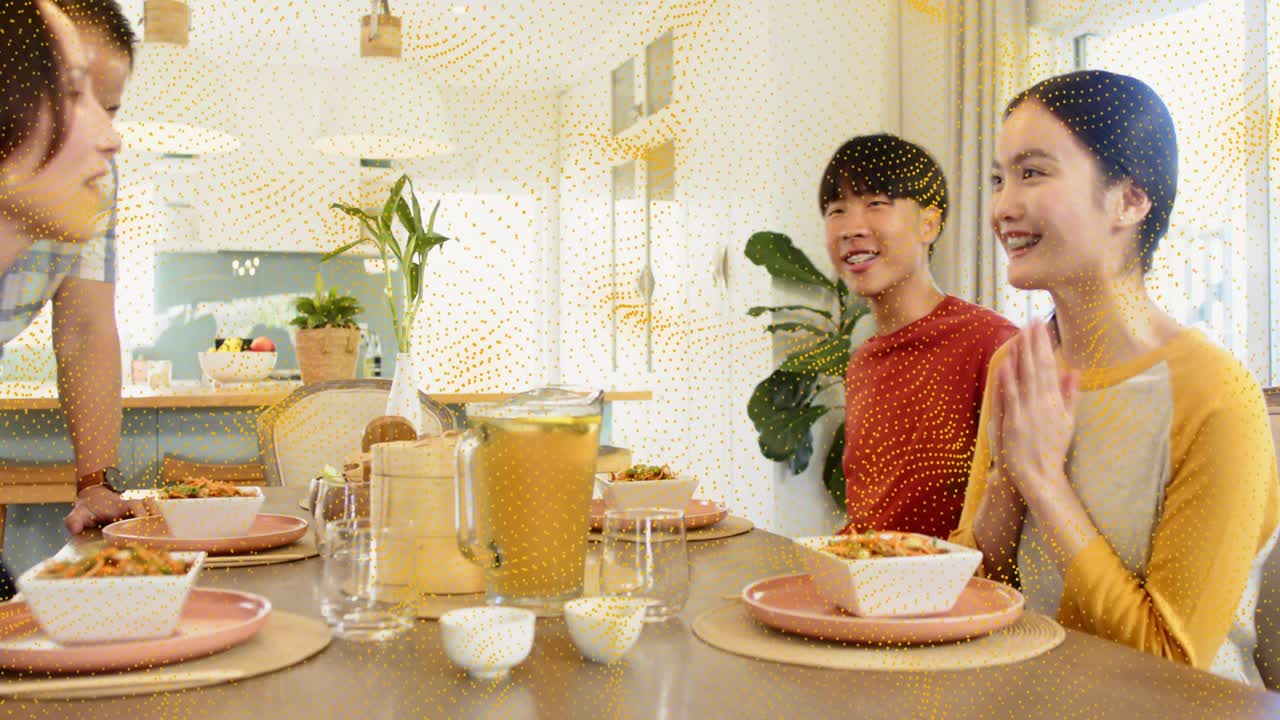 Family on dish arrival, placing bread basket, animated highlights marking plates, preparing food
