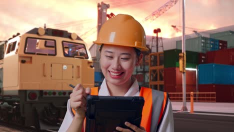 close up of asian female engineer with safety helmet taking note on the tablet and looking around with freight cargo train at port