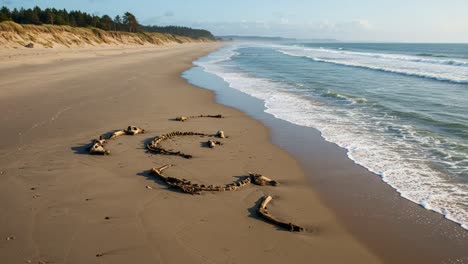 serene coastal scene featuring driftwood arrangements on a tranquil beach at sunrise, highlighting natural beauty and artistic patterns in the sand