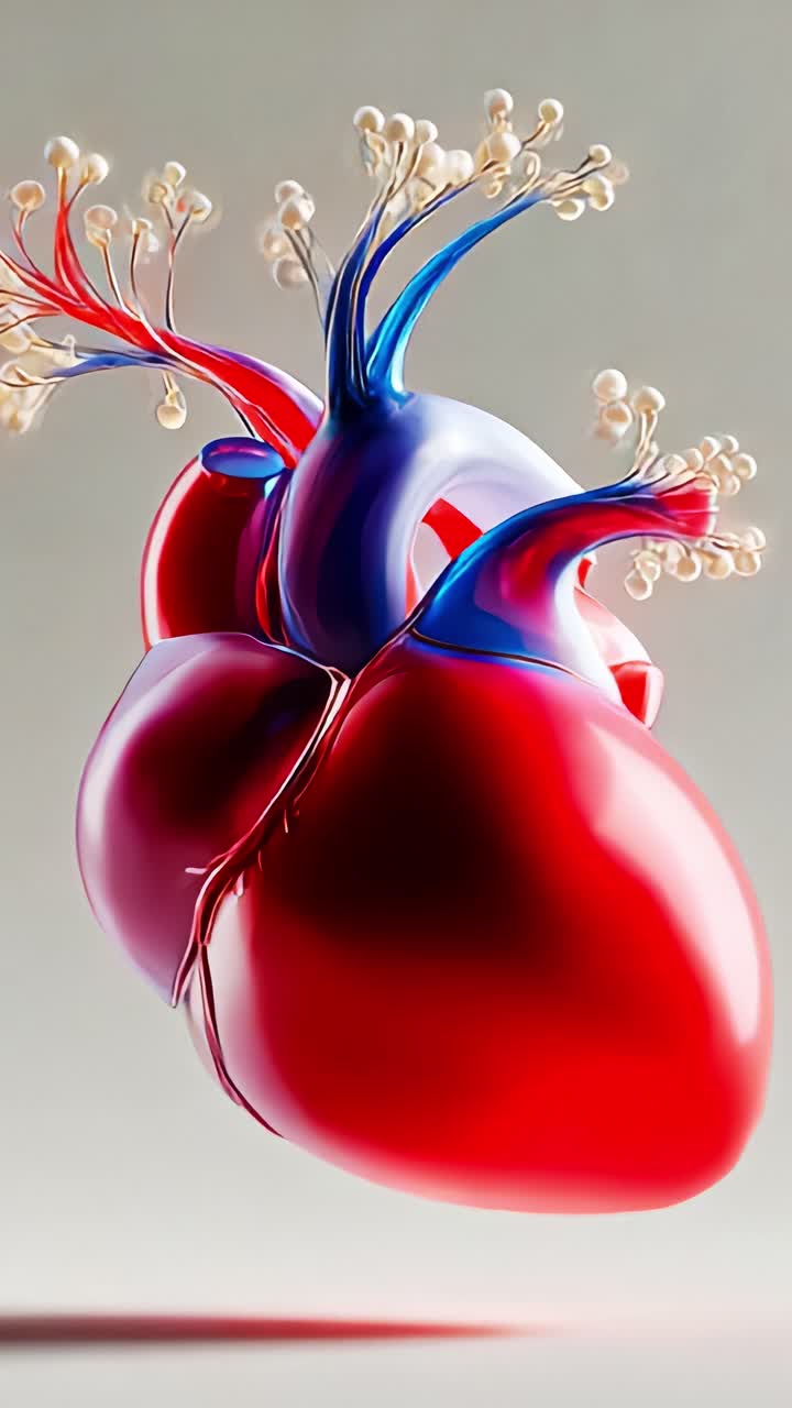 Rappresentazione artistica di un cuore umano con arterie e capillari colorati, che evidenzia l'intricata anatomia e la rete vascolare in uno stile moderno
