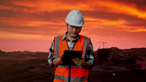 trabajador de la construcción usando una tableta al atardecer en un sitio de construcción