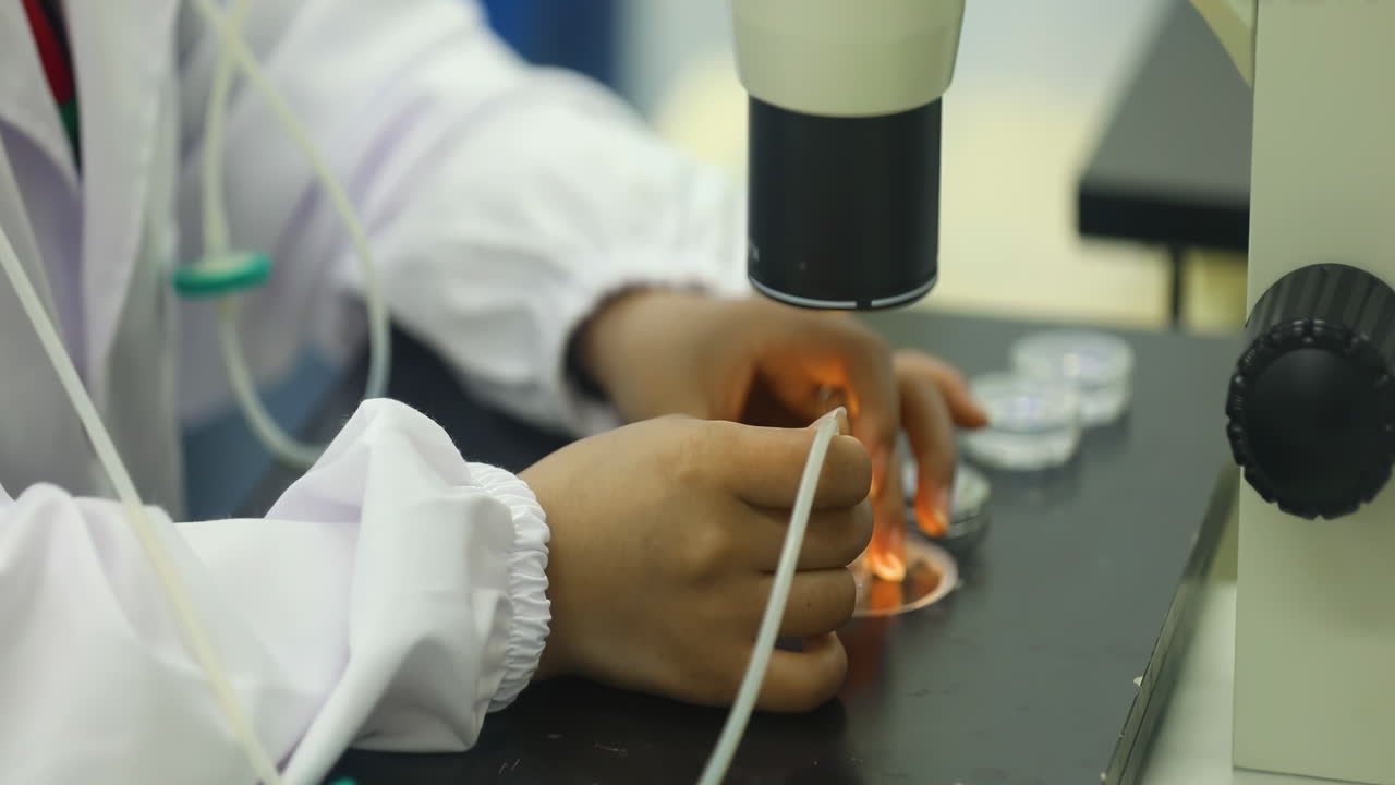 Medical worker or scientist in lab coats wearing safety goggles conducting biological experiment with automated machinery. Specialist Working on Medicine, Biotechnology Research in Advanced Pharma Lab