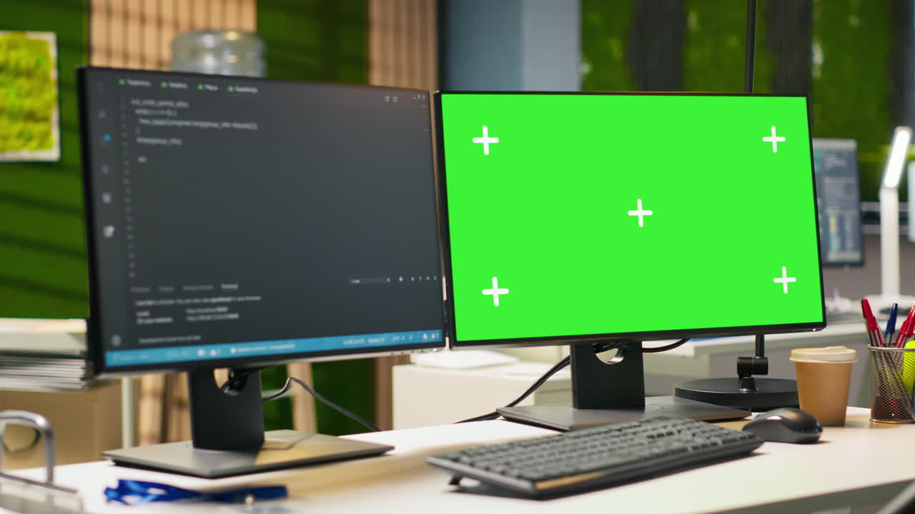 Green Screen Pc Display On Startup Office Desk Showing Programming Languages
