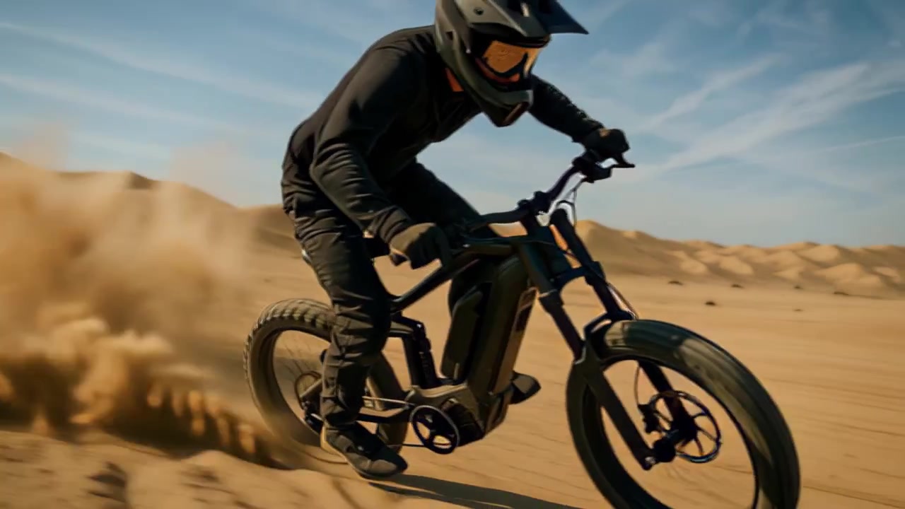 Riprese dinamiche di un atleta con casco integrale che guida una mountain bike elettrica attraverso dune di sabbia desertiche, sollevando polvere sotto un cielo blu in una luce calda.