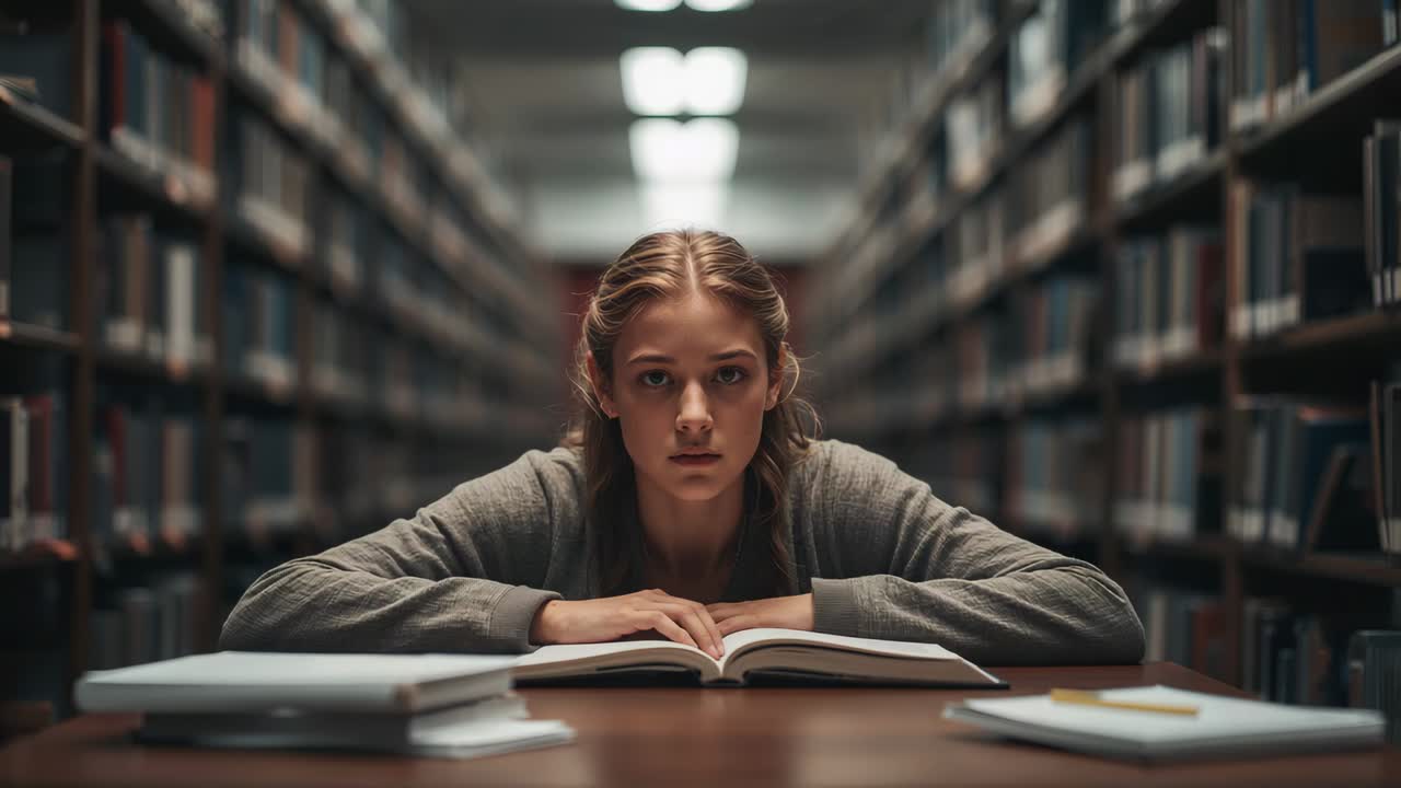 Lifting head from textbook, student in gray sweater fixing gaze focused at table in library aisle