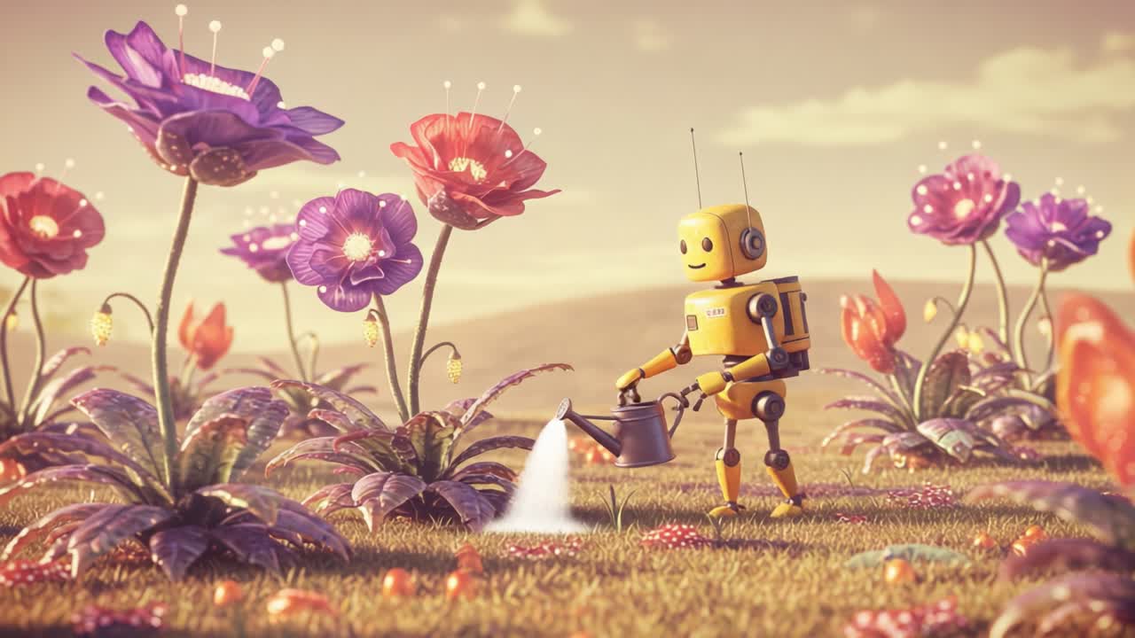 A Cheerful Robot Tending to a Vibrant Garden Filled with Colorful Flowers, Showcasing a Harmonious Blend of Nature and Technology in a Whimsical Landscape