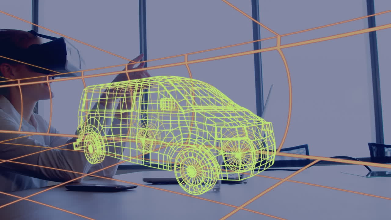 animación de dibujo 3d digital de un coche sobre un hombre usando auriculares vr