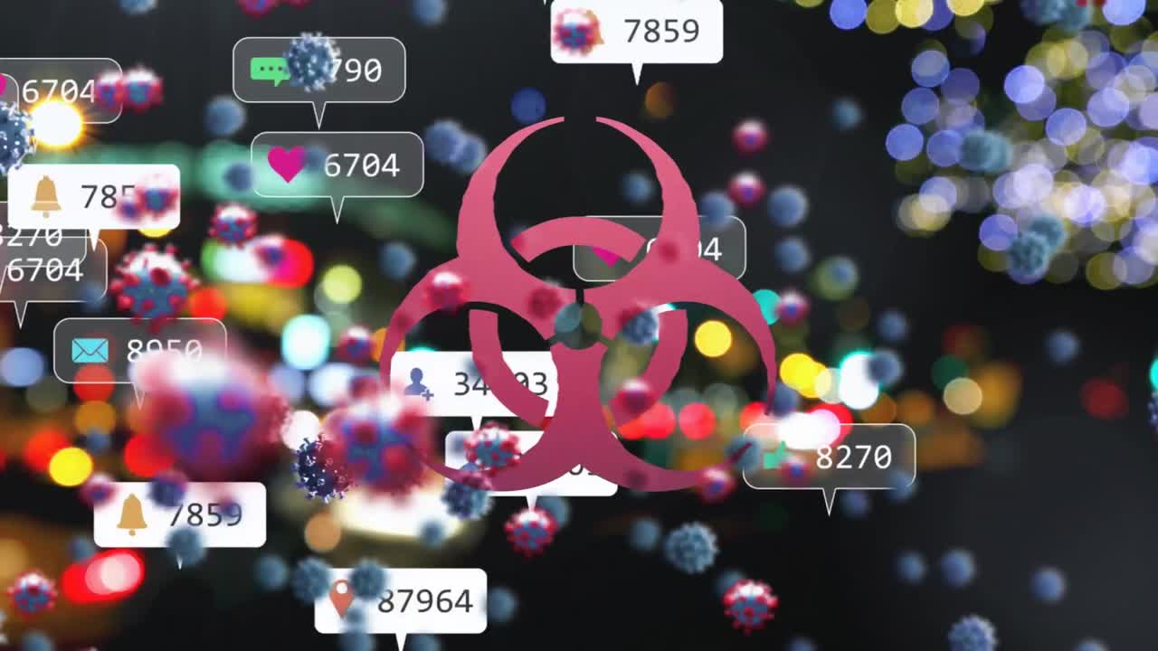 점점 더 많은 수와 빛의 반점이 있는 디지털 아이콘에 대한 생물 위험 상징과 코로나19 세포