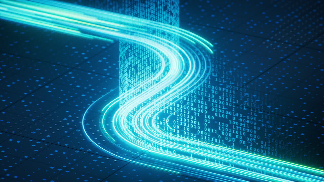 Flowing neon lines with binary data background, 3d rendering