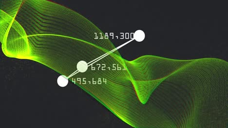 Animation of changing numbers around connected dots forming triangle over dynamic wave