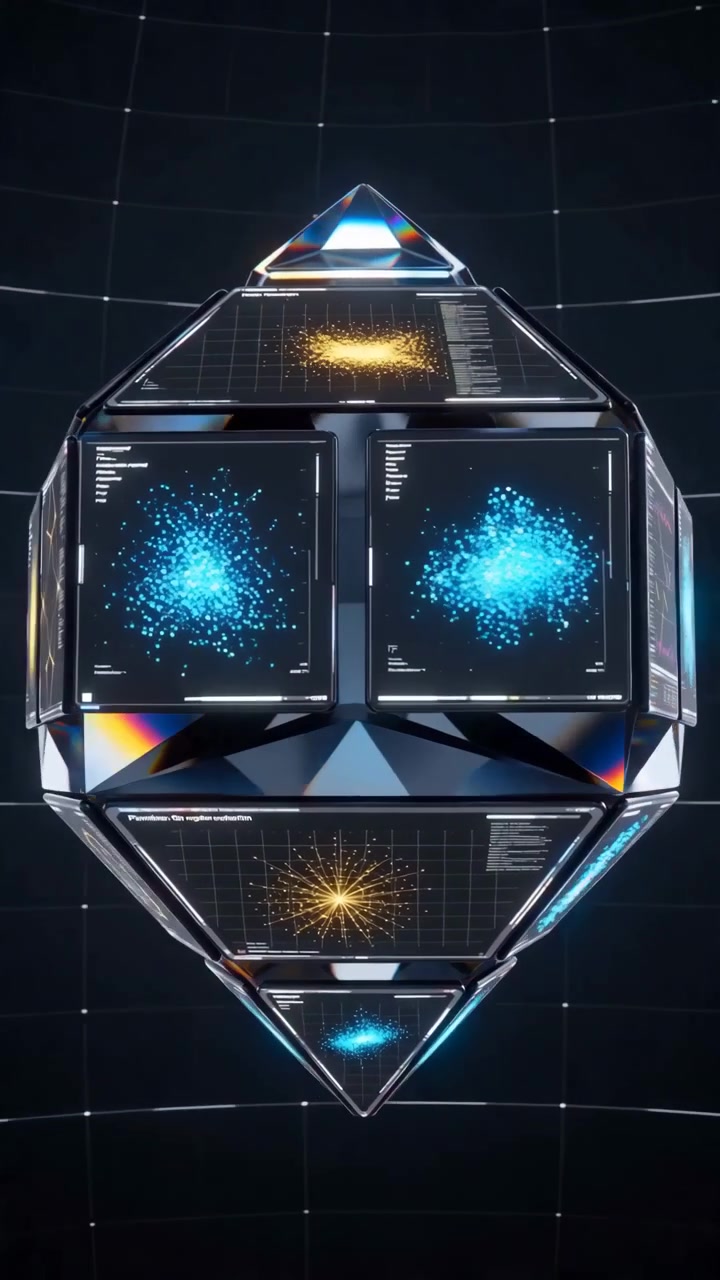 Chronological data-visualization sequence showing chrome polyhedron rotating and stabilizing from reveal to settled state