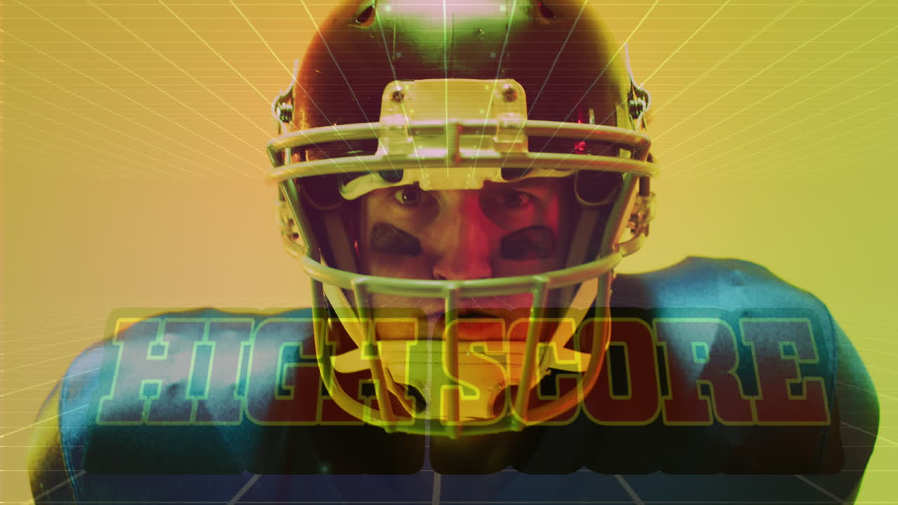Animazione del testo 'punteggio più alto' e forme al neon sopra un giocatore di football americano su sfondo al neon