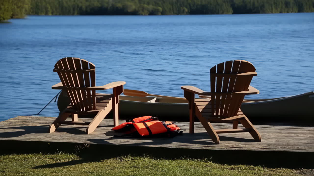 Two Adirondack chairs on a dock by a lake with a canoe and life jackets
