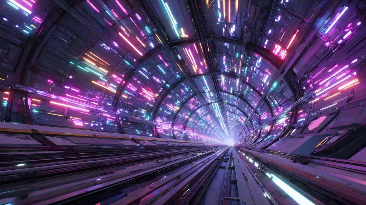 A Stunning Visual Journey Through a Hypothetical Futuristic Tunnel Filled with Vibrant Lights and Dynamic Color Patterns, Capturing the Essence of High-Speed Travel in a Sci-Fi Environment