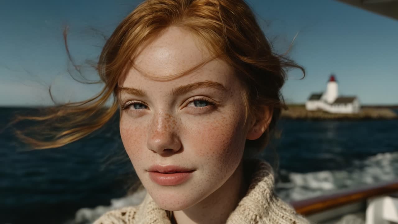 A Serene Portrait of a Young Woman Gazing Out to Sea, Accentuated by Flowing Hair and Golden Sunlight, Against a Background of Ocean Waves and a Lighthouse