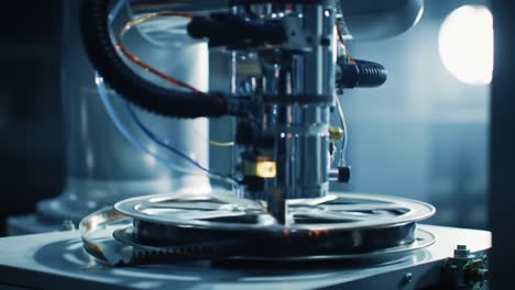 a close-up view of precision machinery in motion, capturing the intricate mechanics behind film processing and sound recording technology