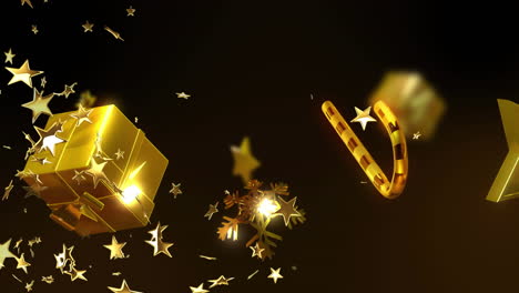 animation of stars over christmas decorations on black background