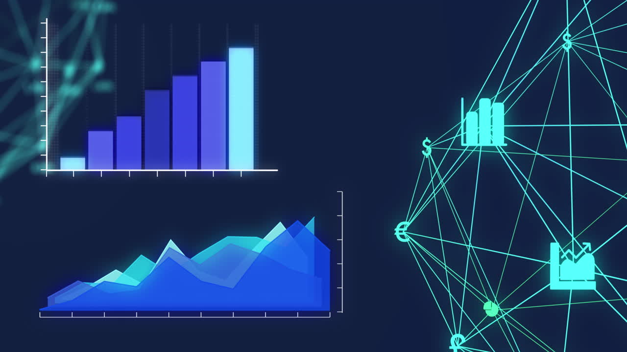 animación digital del procesamiento de datos estadísticos y globo de iconos digitales contra un fondo azul
