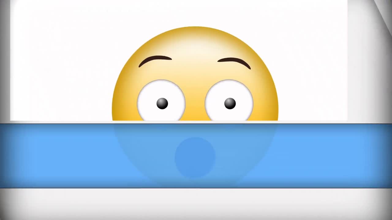 animación digital de emoji de cara sorprendida contra un fondo blanco y azul