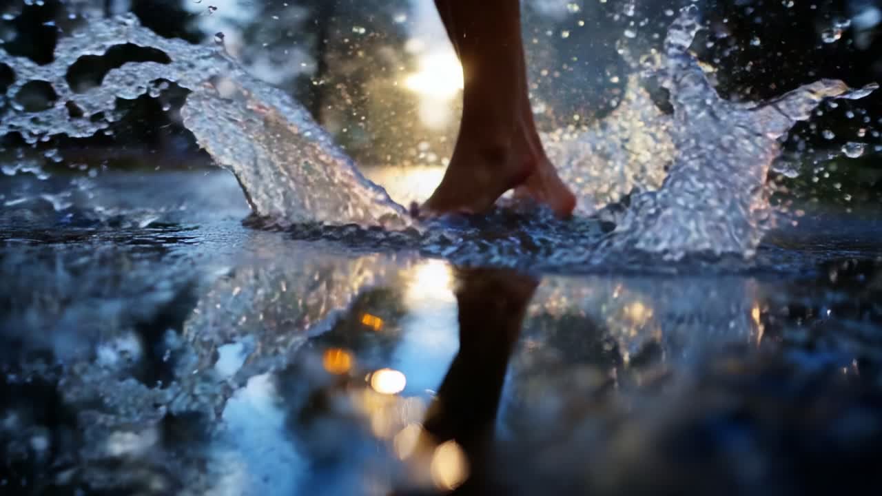 A joyous moment captured as bare feet splash through shimmering water, reflecting the beauty of nature while highlighting the playful spirit that accompanies such blissful experiences