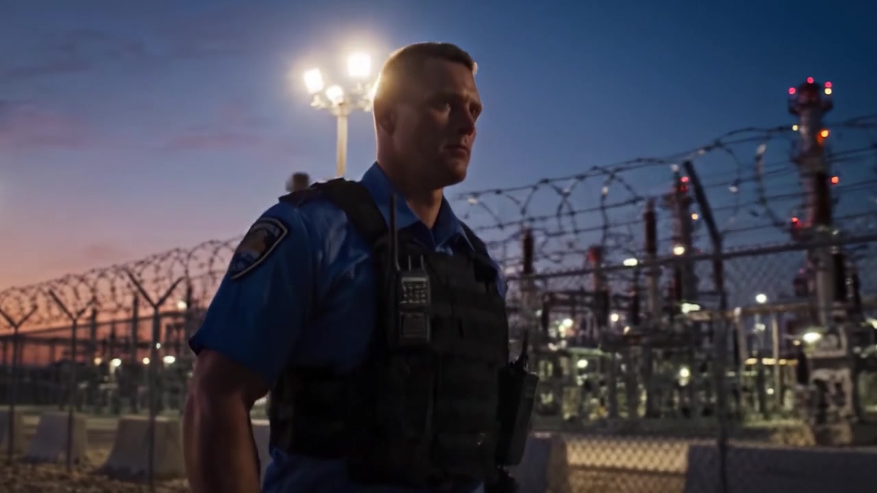 A vigilant security officer patrols a high-tech facility at dusk, ensuring safety and surveillance around the perimeter of the restricted area during twilight hours.