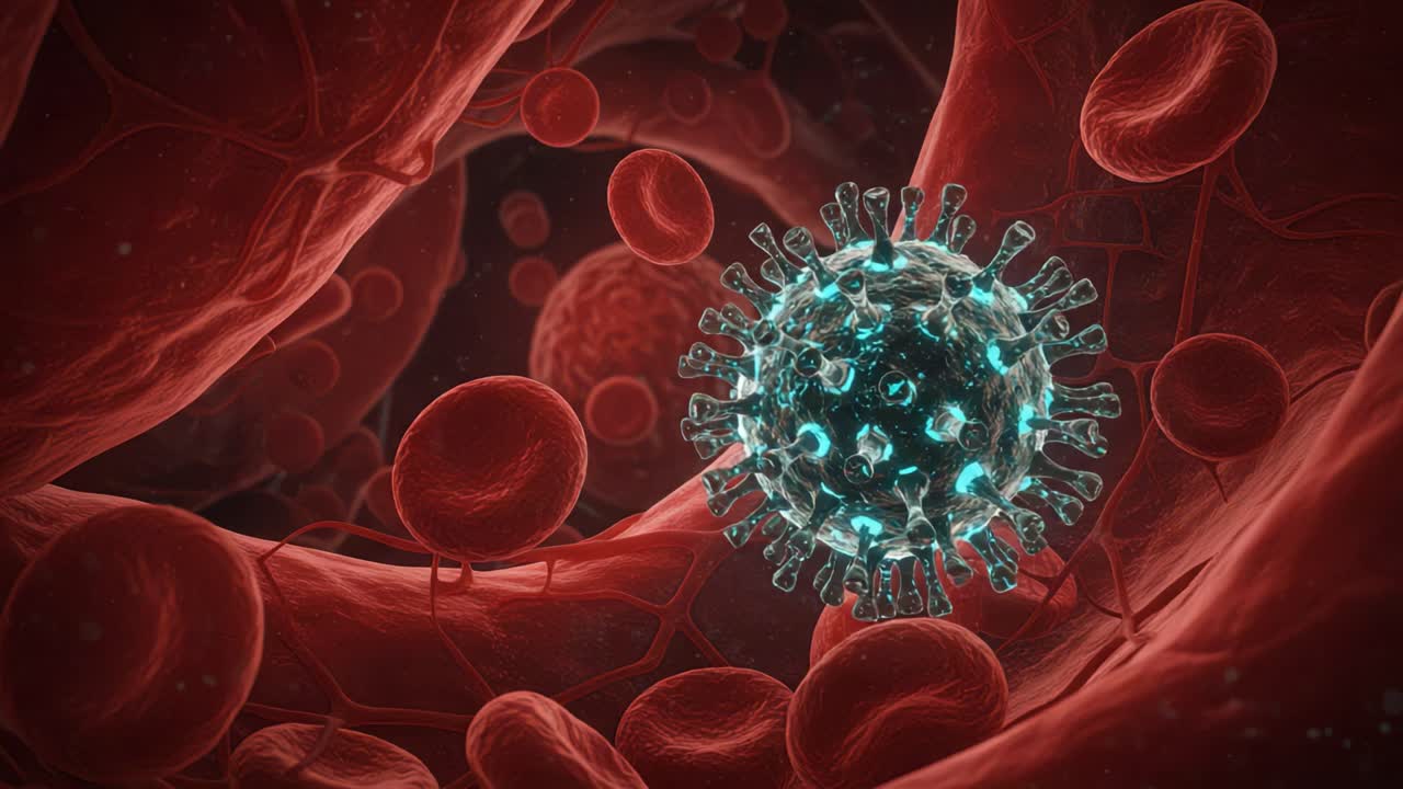 Detailed Visualization of Virus in Bloodstream: This study reveals the intricate structure of a virus navigating through red blood cells, showcasing its potential impact on human health