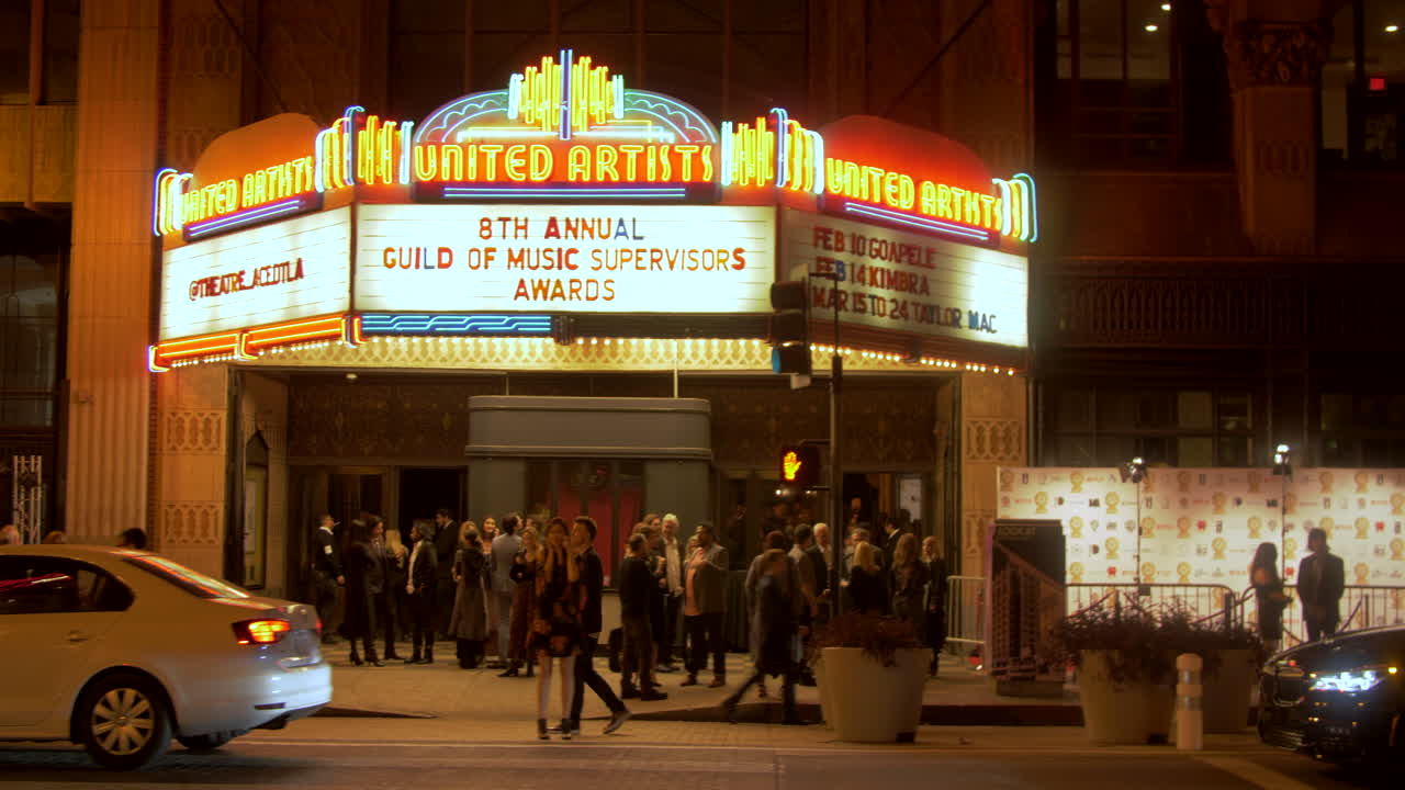 Ace Hotel Downtown Los Angeles (originally built as the United Artists Building). 8th Annual Guild of Music Supervisor Awards, february 8th 2018. Beautiful professional travelling 4K shot by night.