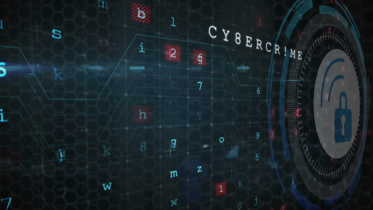 Animation of security padlock icon over round scanner against cyber security data processing