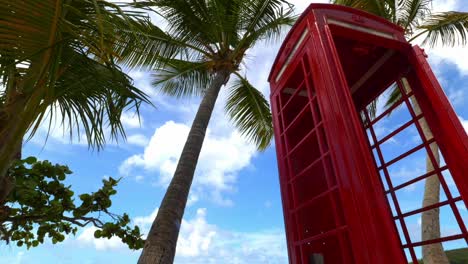 a red phone booth on a tropical island with palmtrees