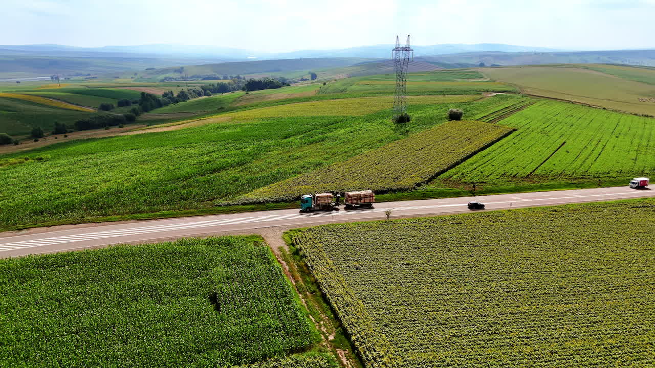 Green fields line a winding country road. Tractors drive along a winding road surrounded by expansive green fields under a clear sky