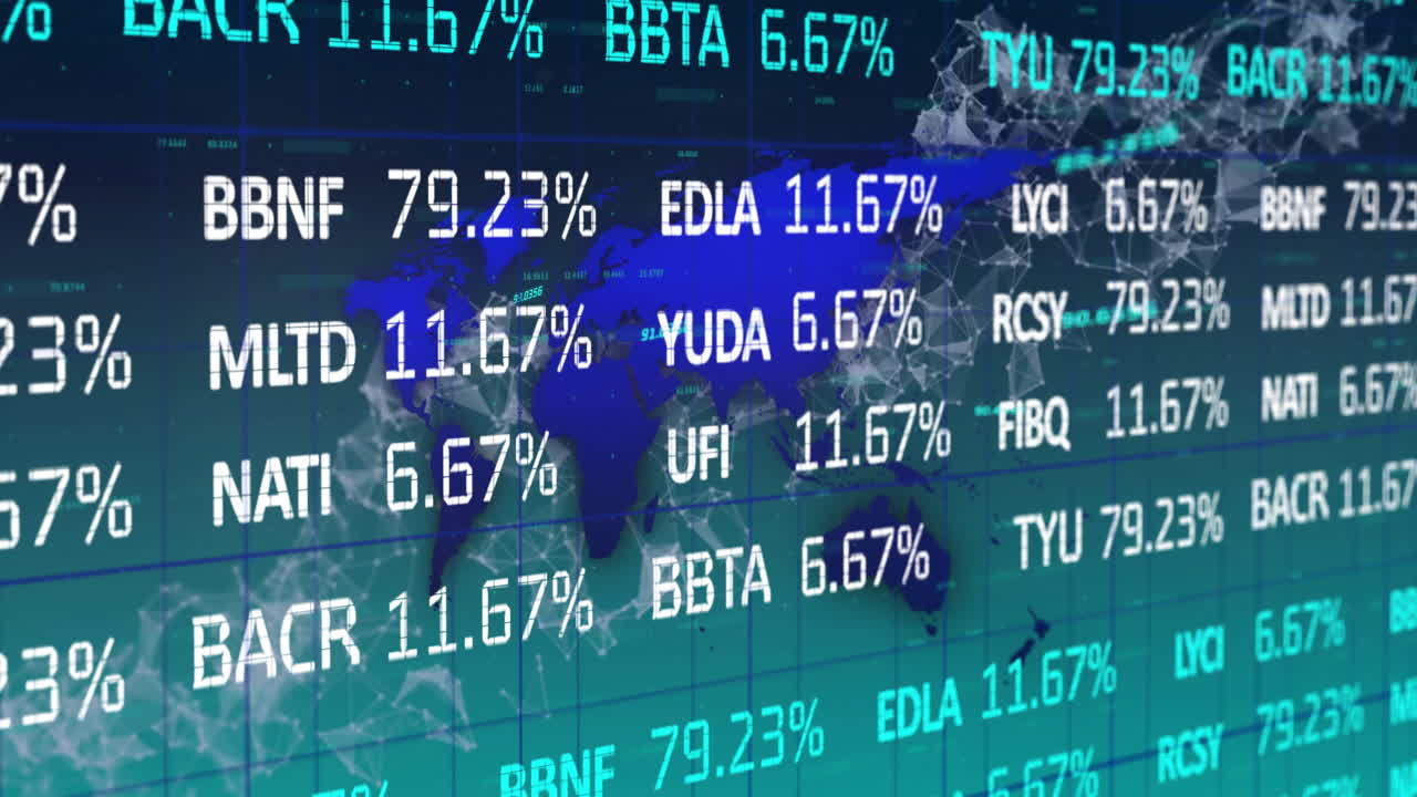 Stylized world map graphic showing global stock tickers and percentages in 3D data dashboard