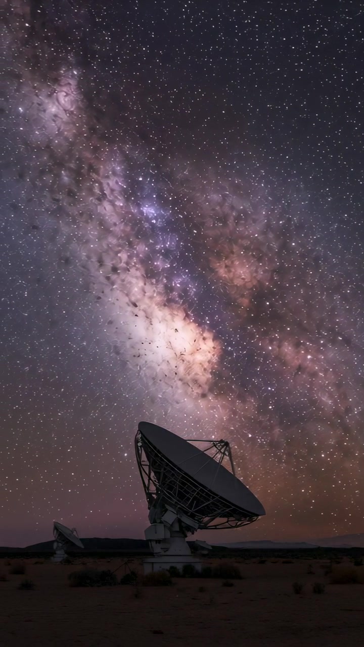 Vertical video: Rotating Earth, Milky Way core shifting over desert plain, passing parabolic dish