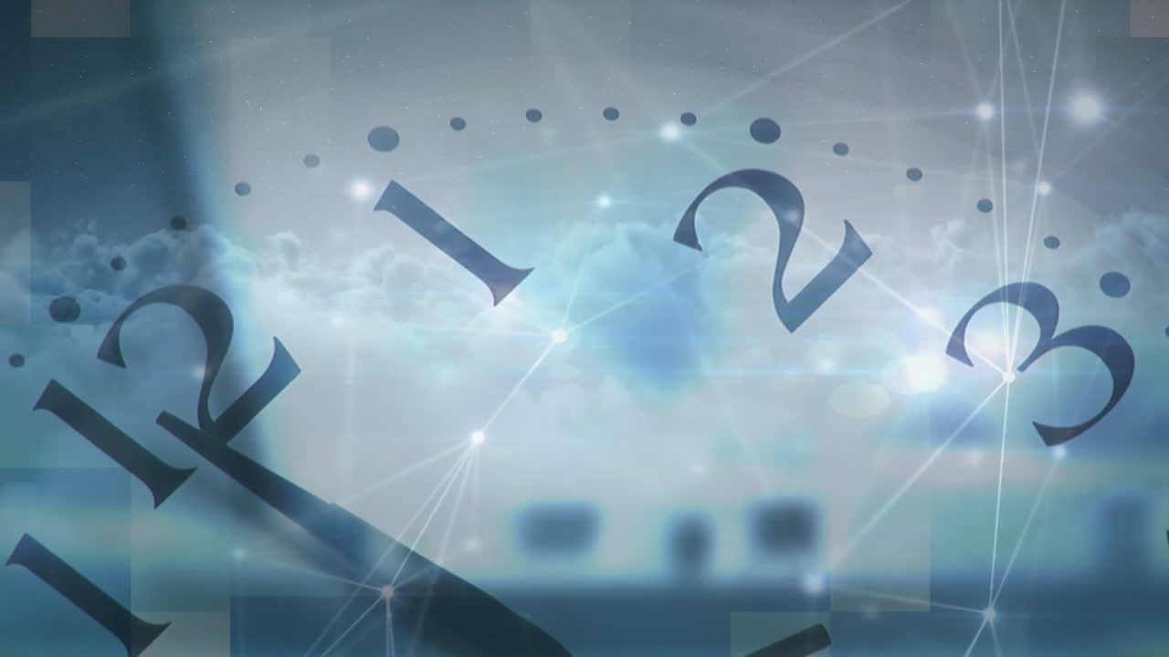 Animation of a clock with clouds and data connections in background
