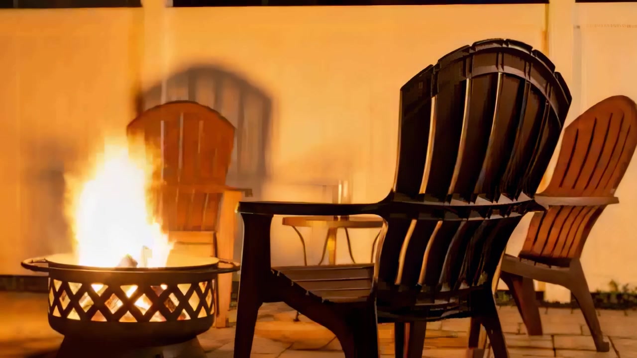 Sedia Adirondack che riflette un caldo bagliore mentre la fiamma del braciere divampa sul patio, spazio per il testo