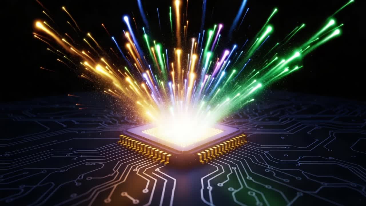 An Explosive Display of Colorful Energy Emanating from a Microprocessor on a Circuit Board, Showcasing Vibrant Lights and Technological Brilliance