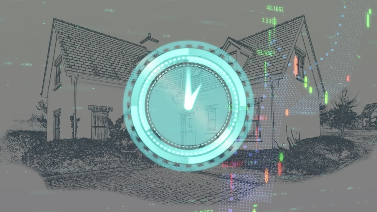 빠르게 움직이는 시계의 애니메이션과 집에서 데이터 처리를 하는 통계